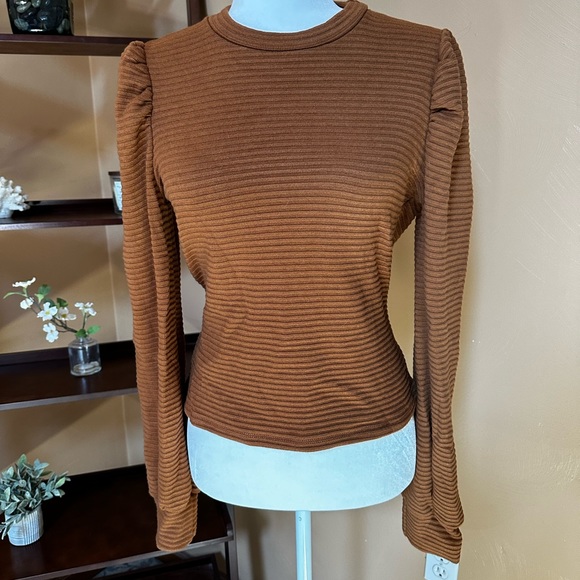 Rust brown ballon sleeve ribbed sweater top - Picture 3 of 7